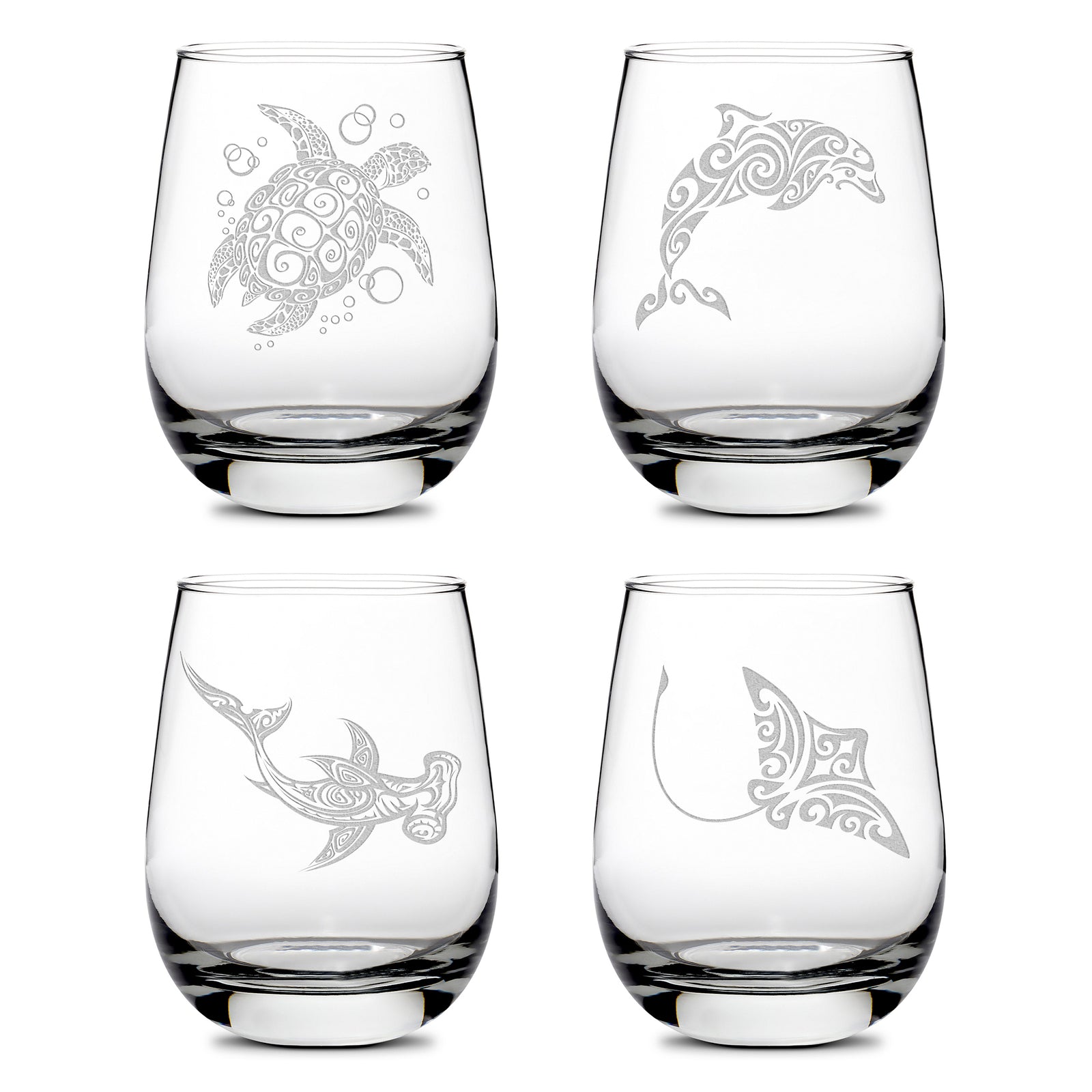 Premium Wine Glasses, Tribal Turtle, Dolphin, Shark, and Stingray (Set of 4), Laser Etched or Hand Etched