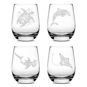 Premium Wine Glasses, Tribal Turtle, Dolphin, Shark, and Stingray (Set of 4), Laser Etched or Hand Etched