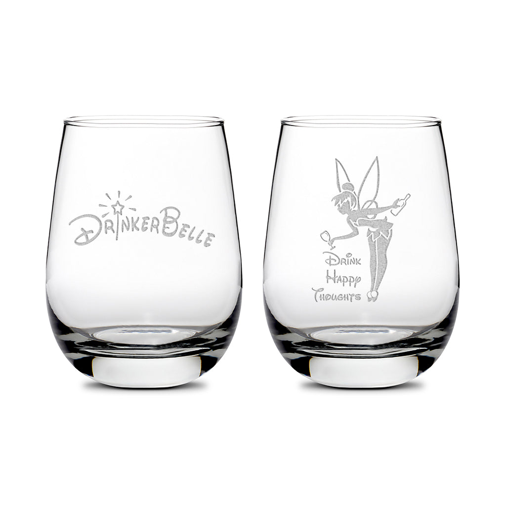 Premium Stemless Wine Glass, Drinkerbelle, Drink Happy Thoughts Set of 2, Laser Etched or Hand Etched