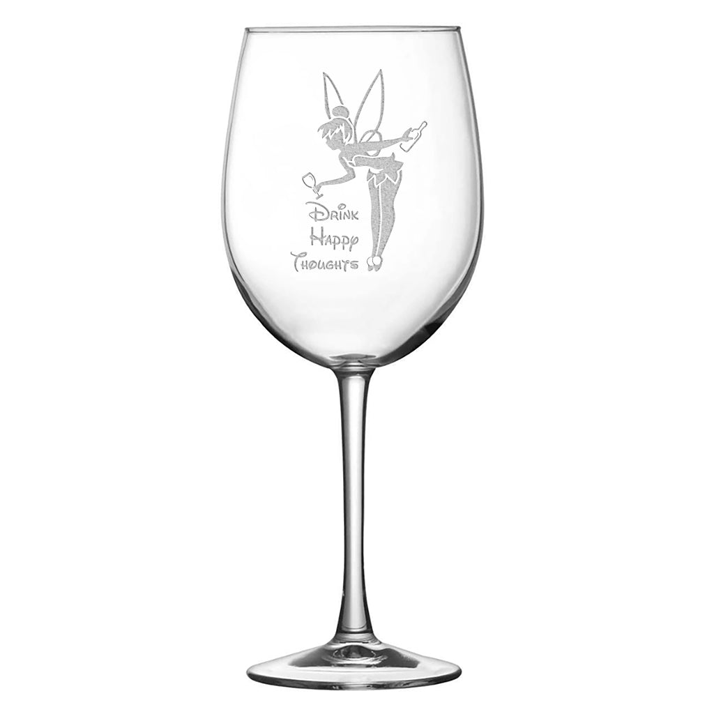Stemmed Tulip Wine Glass, Drink Happy Thoughts, 16oz