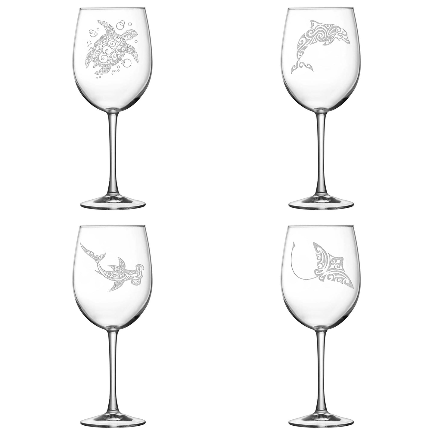 Premium Wine Glasses, Tribal Turtle, Dolphin, Shark, and Stingray (Set of 4), Laser Etched or Hand Etched