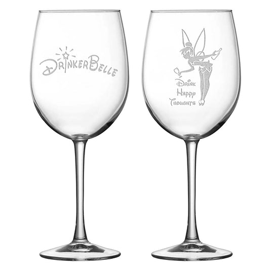 Stemmed Tulip Wine Glass, Drinkerbelle, Drink Happy Thoughts, Set of 2, Laser Etched or Hand Etched