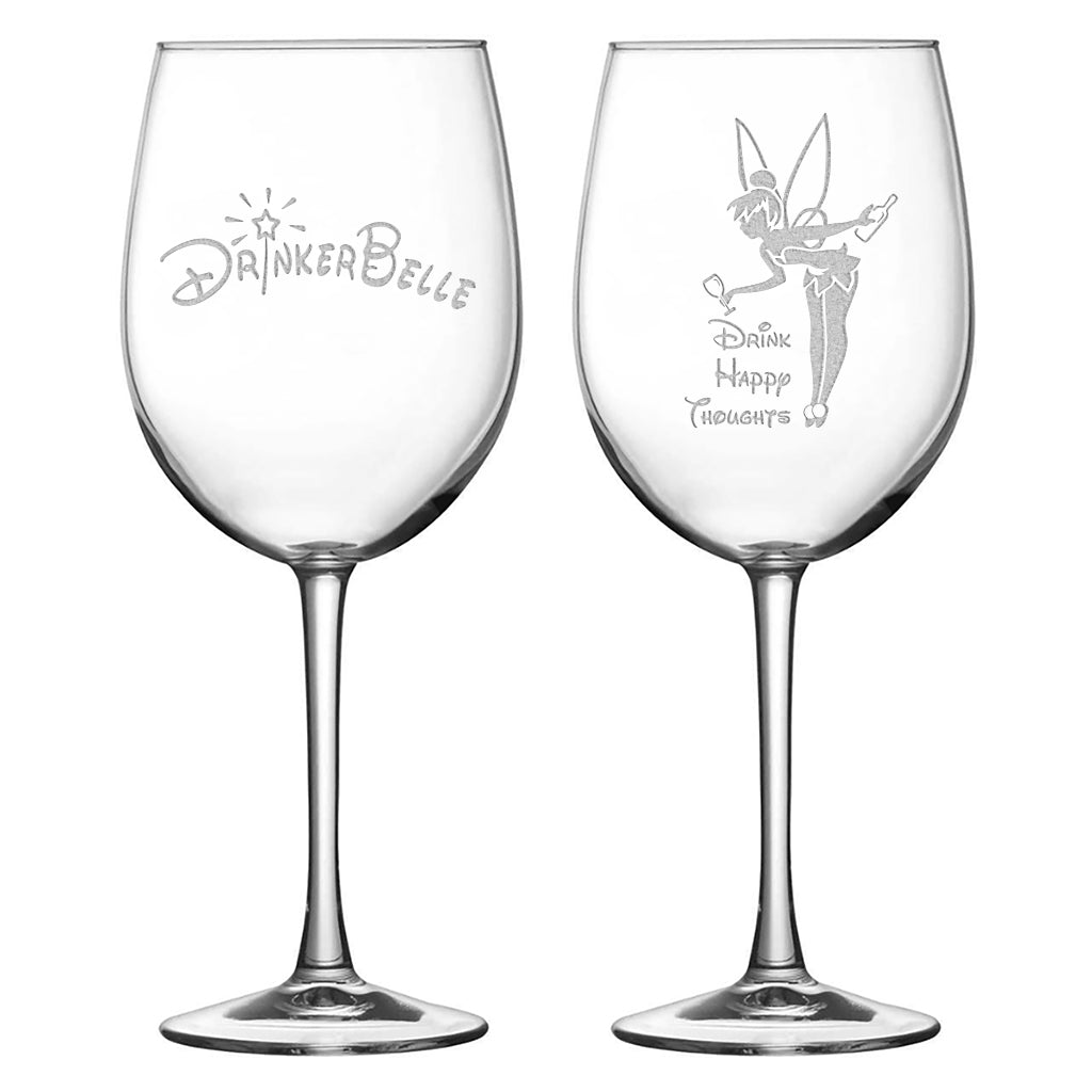 Stemmed Tulip Wine Glass, Drinkerbelle, Drink Happy Thoughts, Set of 2