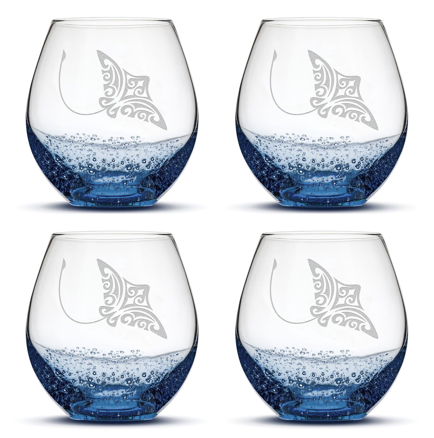 Bubble Wine Glasses with Tribal Stingray, Set of 4, Laser Etched or Hand Etched