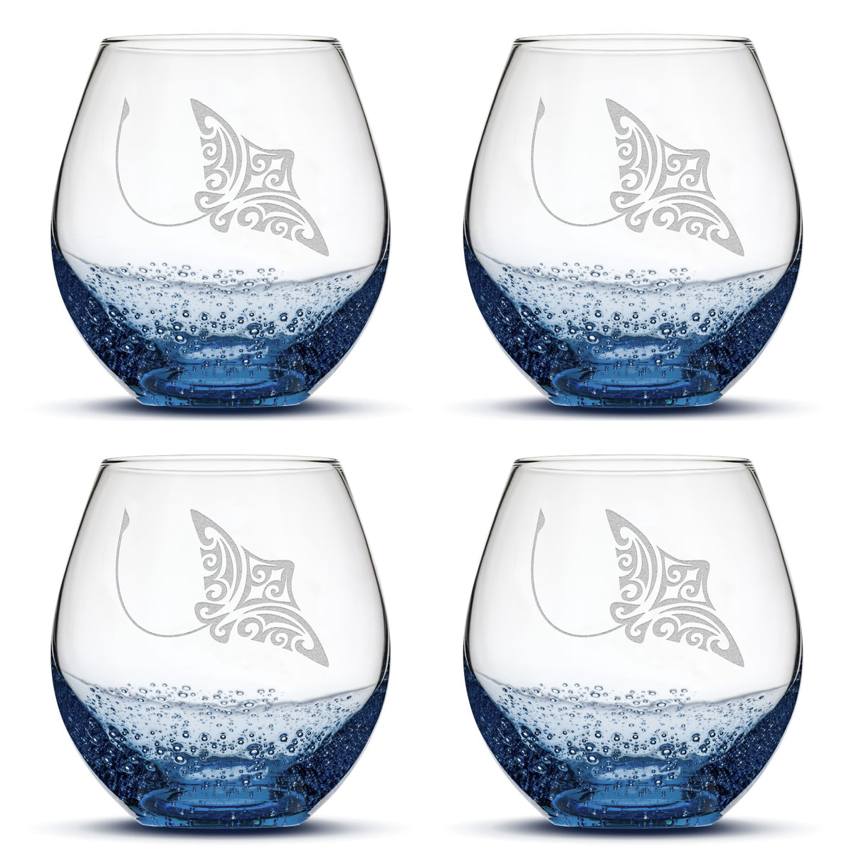 Bubble Wine Glasses with Tribal Stingray, Set of 4, Laser Etched or Hand Etched