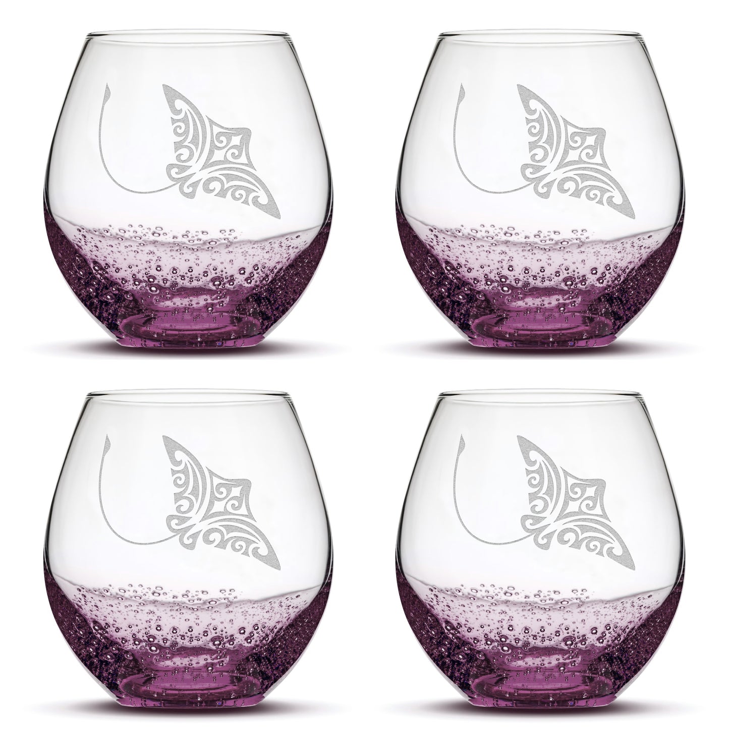 Bubble Wine Glasses with Tribal Stingray, Set of 4, Laser Etched or Hand Etched