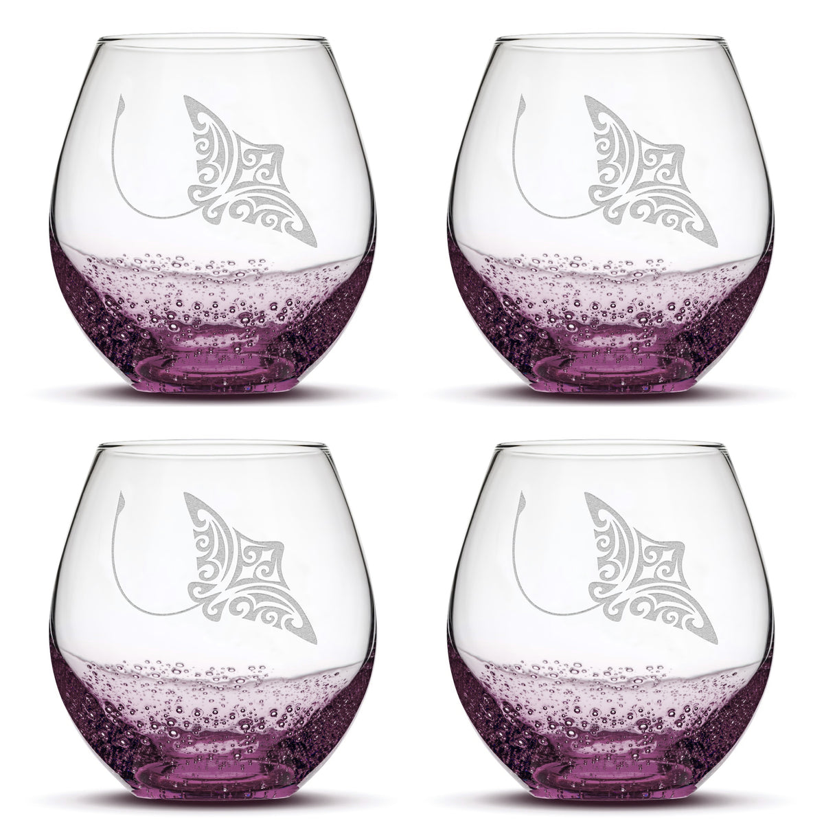 Bubble Wine Glasses with Tribal Stingray, Set of 4, Laser Etched or Hand Etched