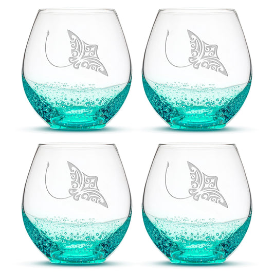 Bubble Wine Glasses with Tribal Stingray, Set of 4, Laser Etched or Hand Etched