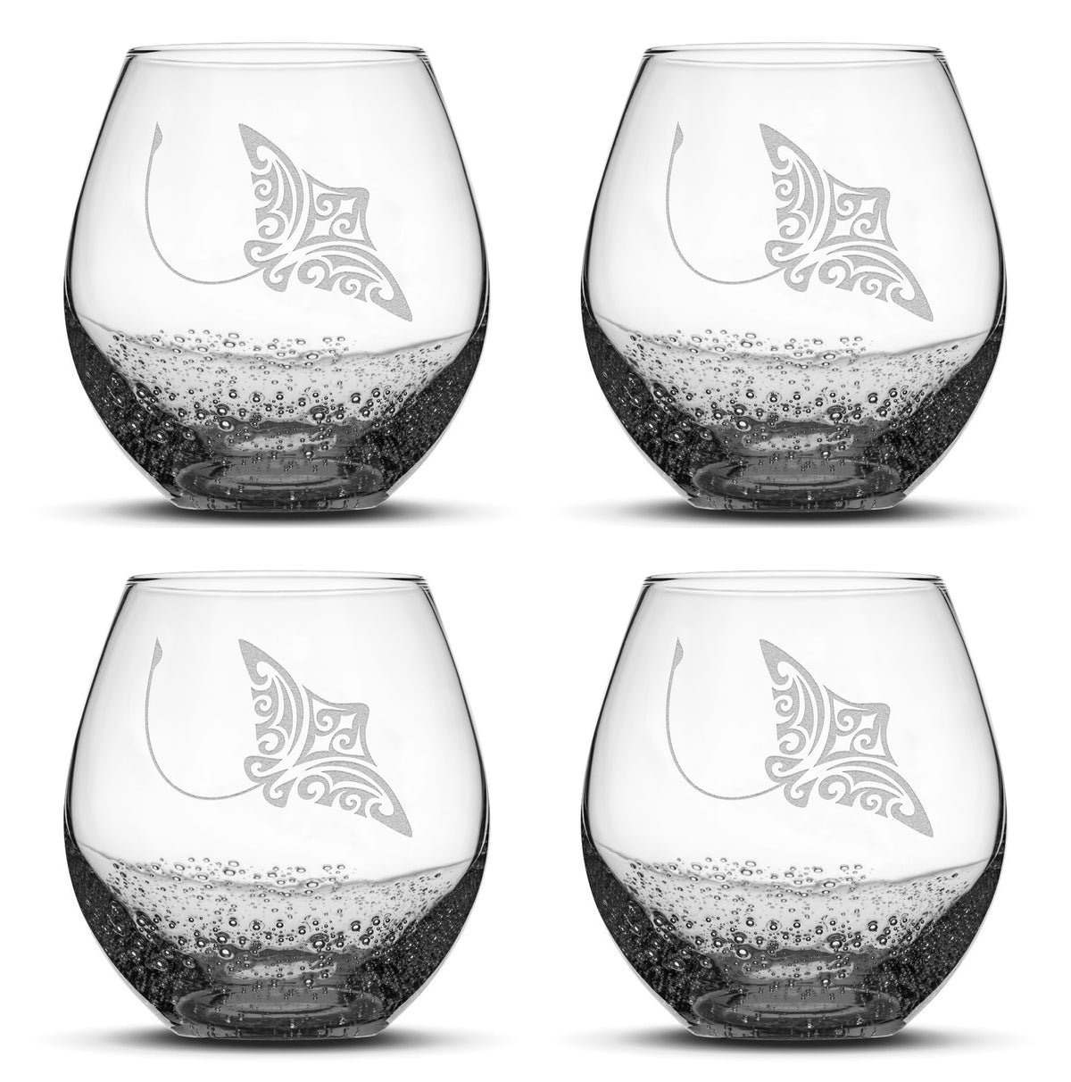 Bubble Wine Glasses with Tribal Stingray, Set of 4, Laser Etched or Hand Etched