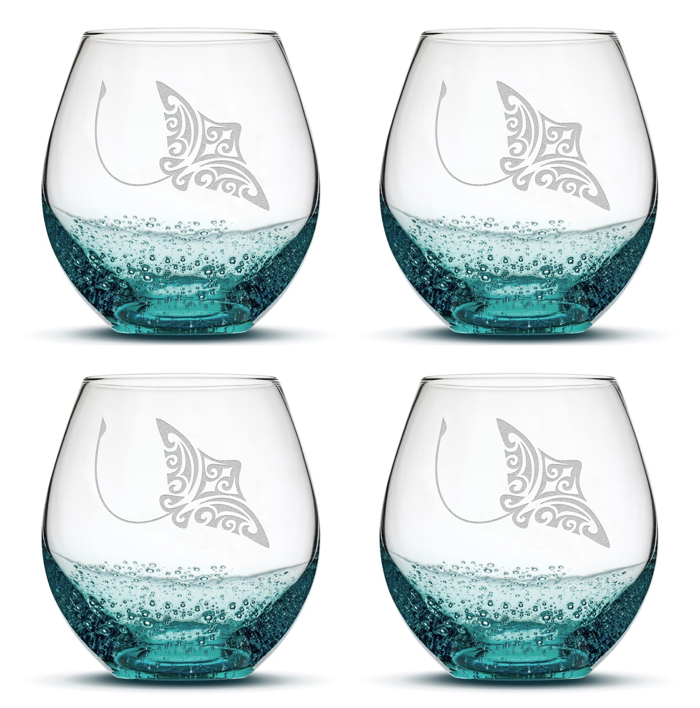 Bubble Wine Glasses with Tribal Stingray, Set of 4, Laser Etched or Hand Etched