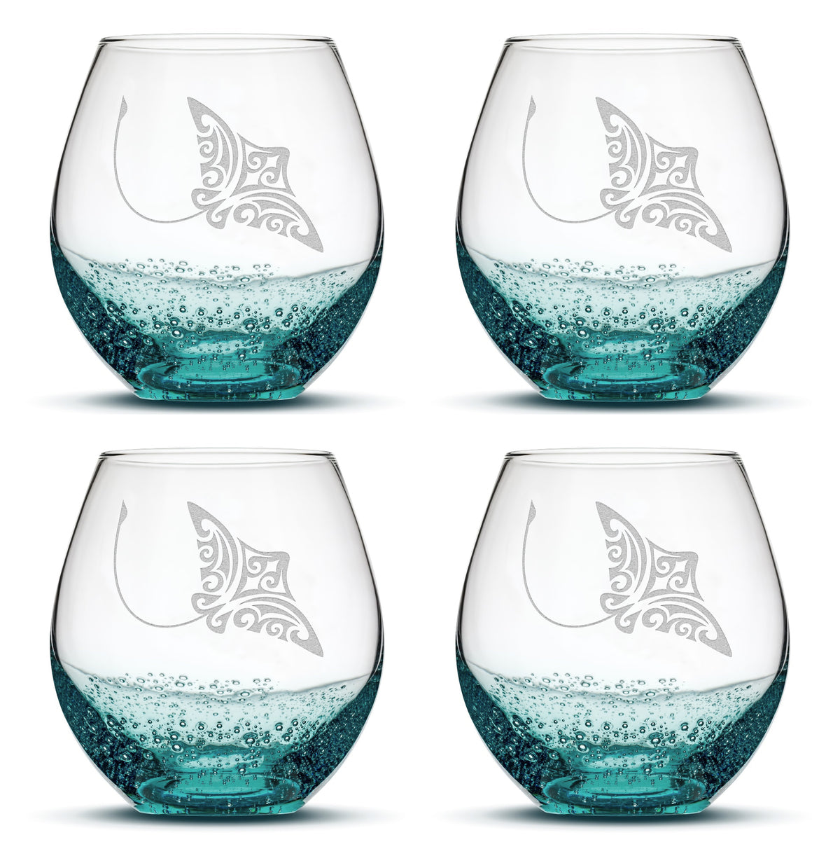 Bubble Wine Glasses with Tribal Stingray, Set of 4, Laser Etched or Hand Etched