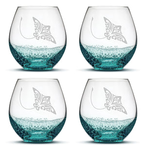 Bubble Wine Glasses with Tribal Stingray, Set of 4, Hand Etched
