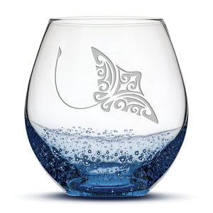 Bubble Wine Glass with Tribal Stingray Design, Laser Etched or Hand Etched