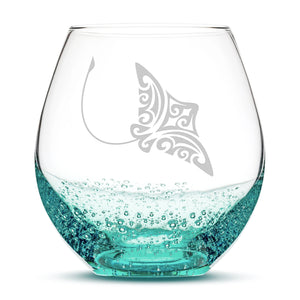 Bubble Wine Glass with Tribal Stingray Design, Hand Etched