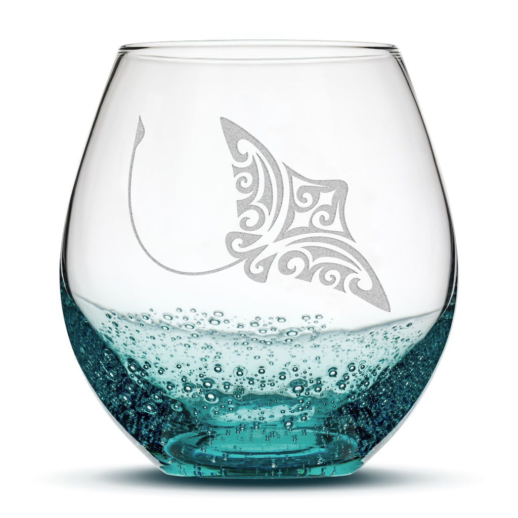 Bubble Wine Glass with Tribal Stingray Design, Laser Etched or Hand Etched