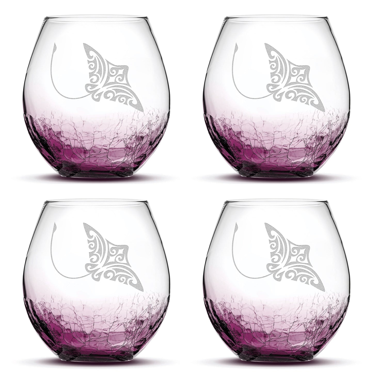 Crackle Wine Glasses with Tribal Stingray, Set of 4, Laser Etched or Hand Etched