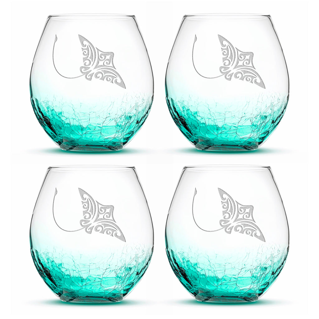 Crackle Wine Glasses with Tribal Stingray, Set of 4, Laser Etched or Hand Etched