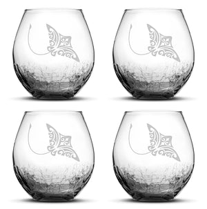 Crackle Wine Glasses with Tribal Stingray, Set of 4, Hand Etched