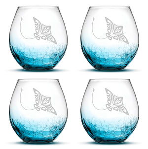 Crackle Wine Glasses with Tribal Stingray, Set of 4, Hand Etched