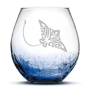 Crackle Wine Glass, Stingray Design, Laser Etched or Hand Etched, 18oz