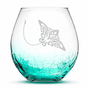 Crackle Wine Glass, Stingray Design, Hand Etched, 18oz