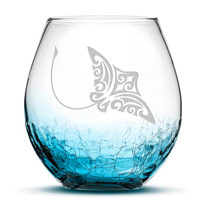Crackle Wine Glass, Stingray Design, Laser Etched or Hand Etched, 18oz