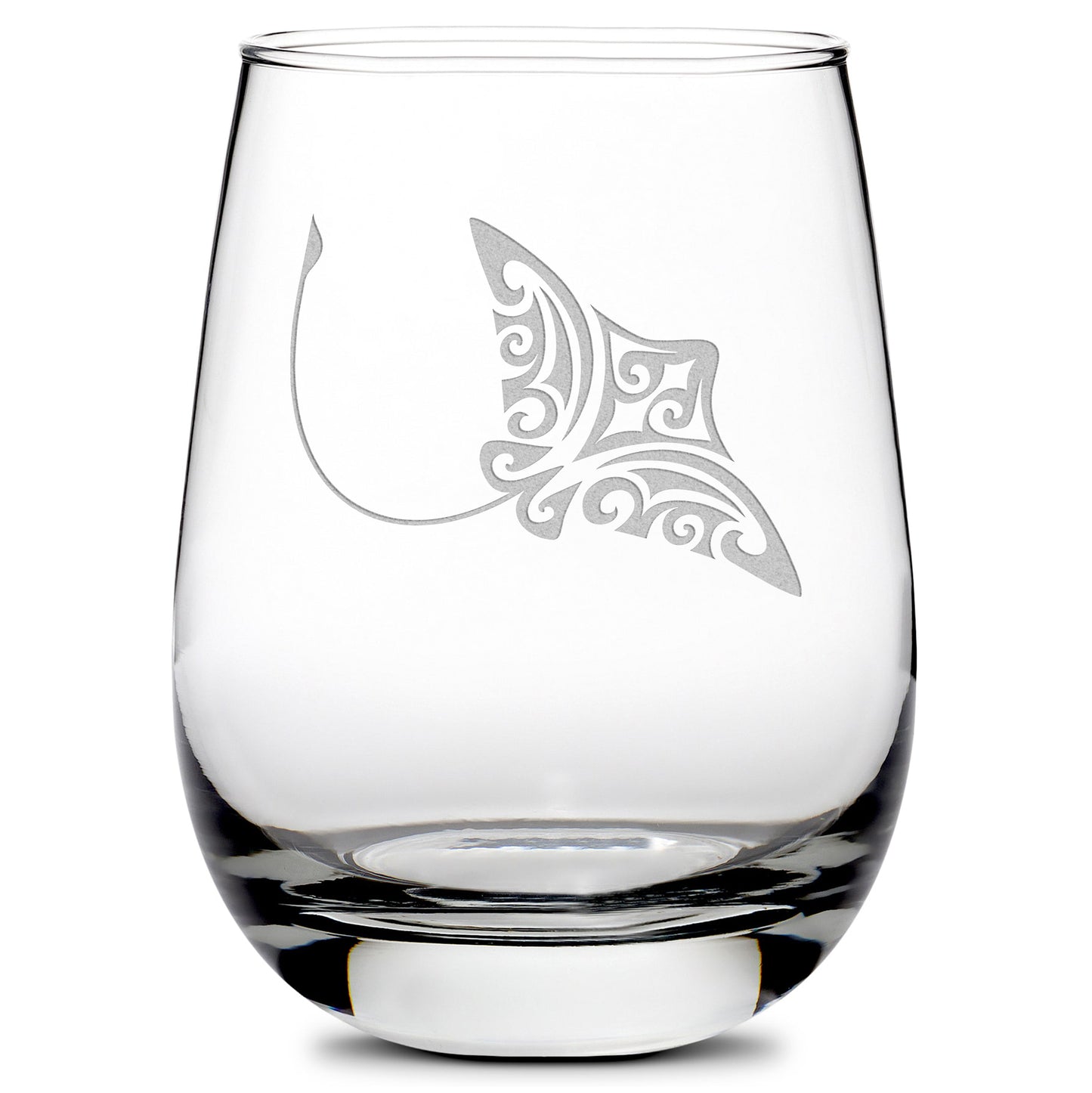 Premium Wine Glasses, Tribal Turtle, Dolphin, Shark, and Stingray (Set of 4), Laser Etched or Hand Etched