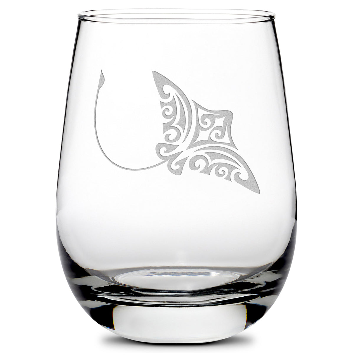 Premium Wine Glasses, Tribal Turtle, Dolphin, Shark, and Stingray (Set of 4), Laser Etched or Hand Etched