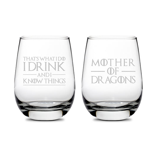 Premium Wine Glasses, Game of Thrones, I Drink and I Know Things, Mother of Dragons, 16oz (Set of 2), Laser Etched or Hand Etched
