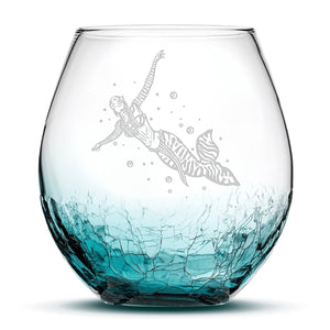 Crackle Wine Glass, Avatar Mermaid, Laser Etched or Hand Etched, 18oz