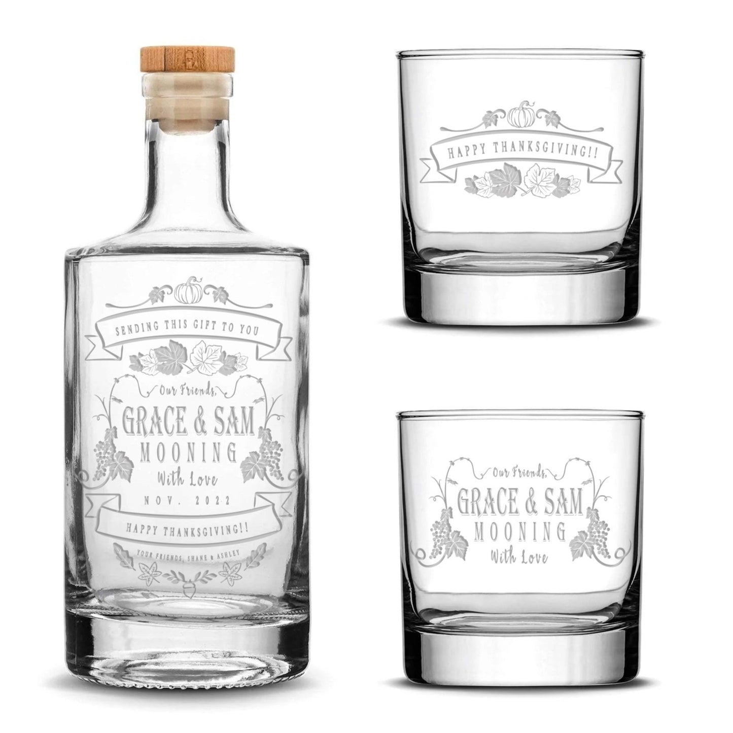 Customizable Happy Thanksgiving Jersey Bottle Set with 2 Whiskey Glasses, Laser Etched or Hand Etched