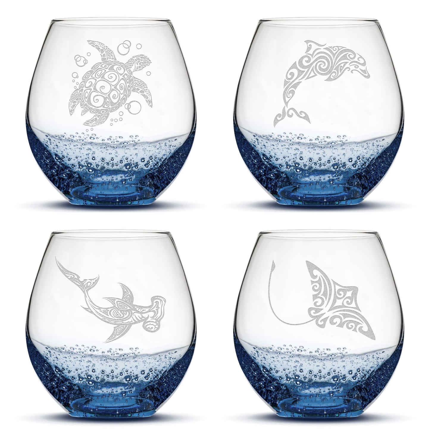Bubble Wine Glasses with Tribal Sea Animals, Set of 4, One of Each