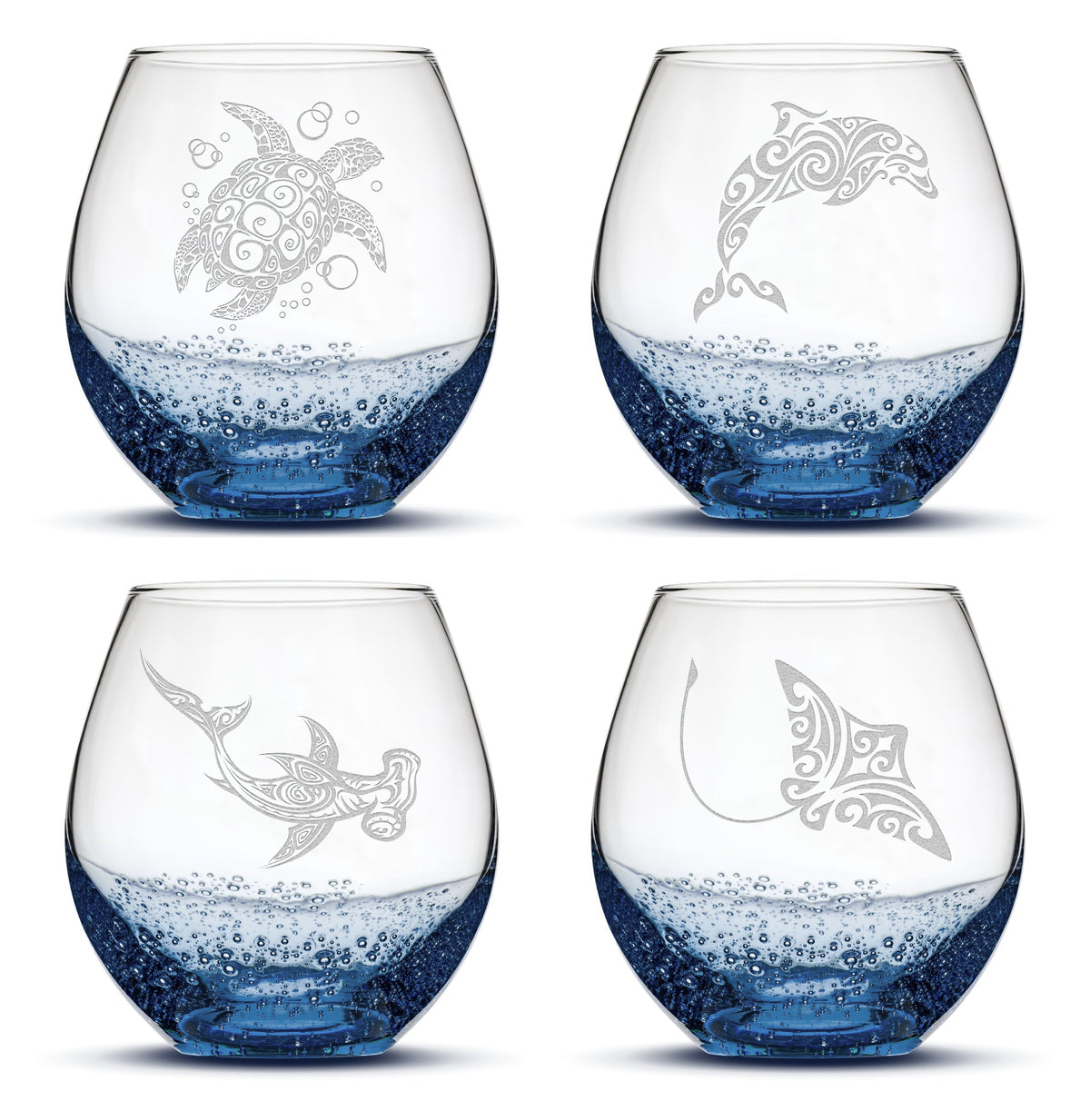 Bubble Wine Glasses with Tribal Sea Animals, Set of 4, One of Each