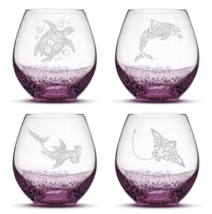 Bubble Wine Glasses with Tribal Sea Animals, Set of 4, One of Each