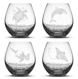 Bubble Wine Glasses with Tribal Sea Animals, Set of 4, One of Each