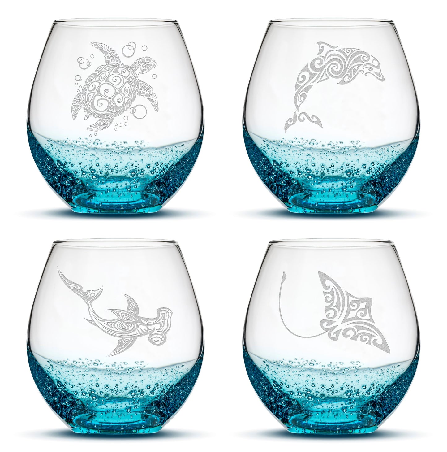 Bubble Wine Glasses with Tribal Sea Animals, Set of 4, One of Each