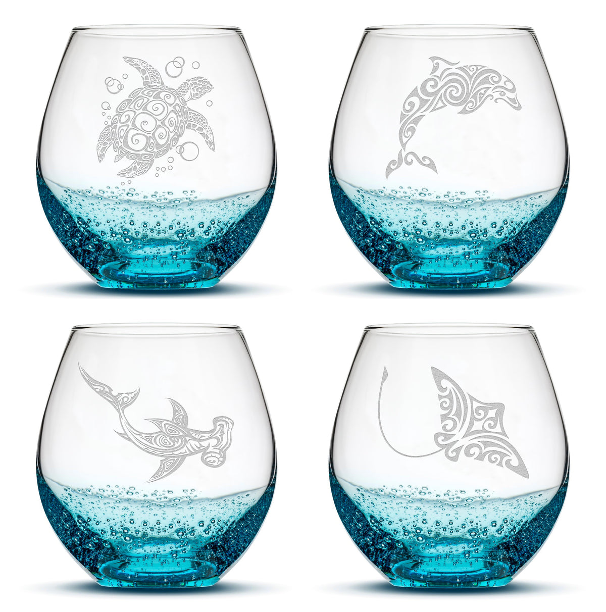 Bubble Wine Glasses with Tribal Sea Animals, Set of 4, One of Each