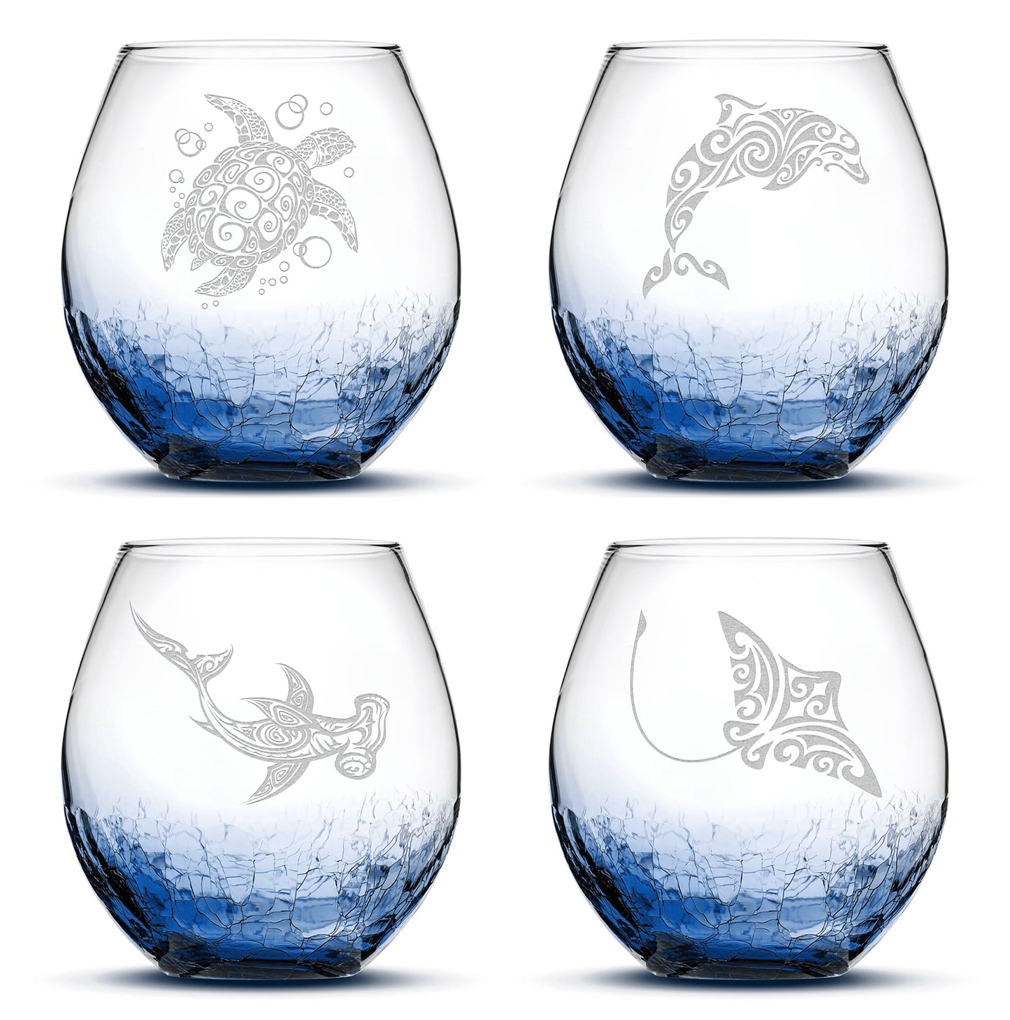 Crackle Wine Glasses with Tribal Sea Animals, Set of 4, One of Each