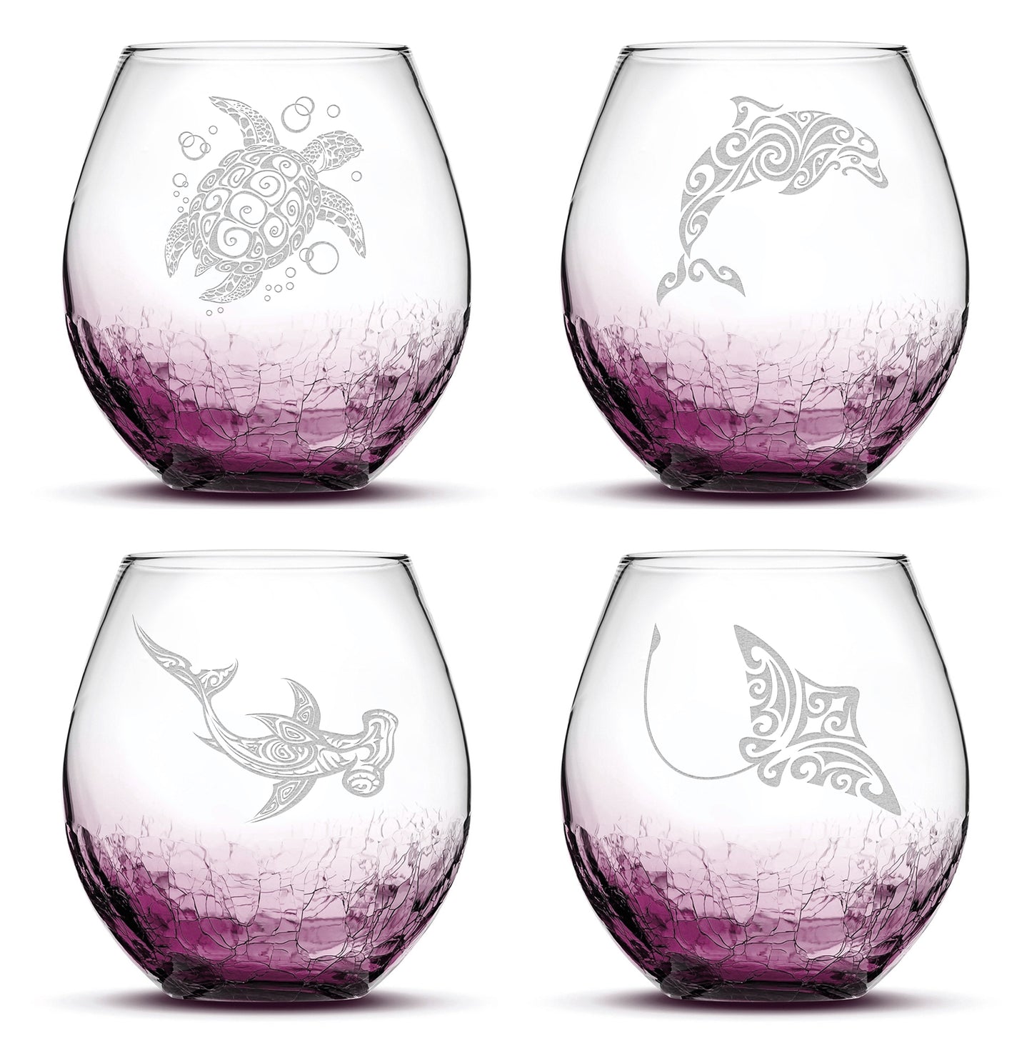 Crackle Wine Glasses with Tribal Sea Animals, Set of 4, One of Each