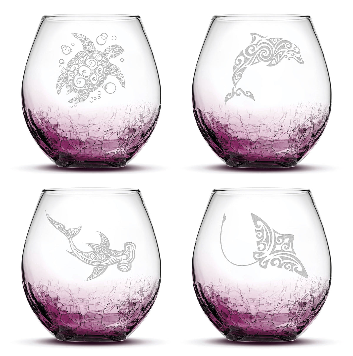Crackle Wine Glasses with Tribal Sea Animals, Set of 4, One of Each