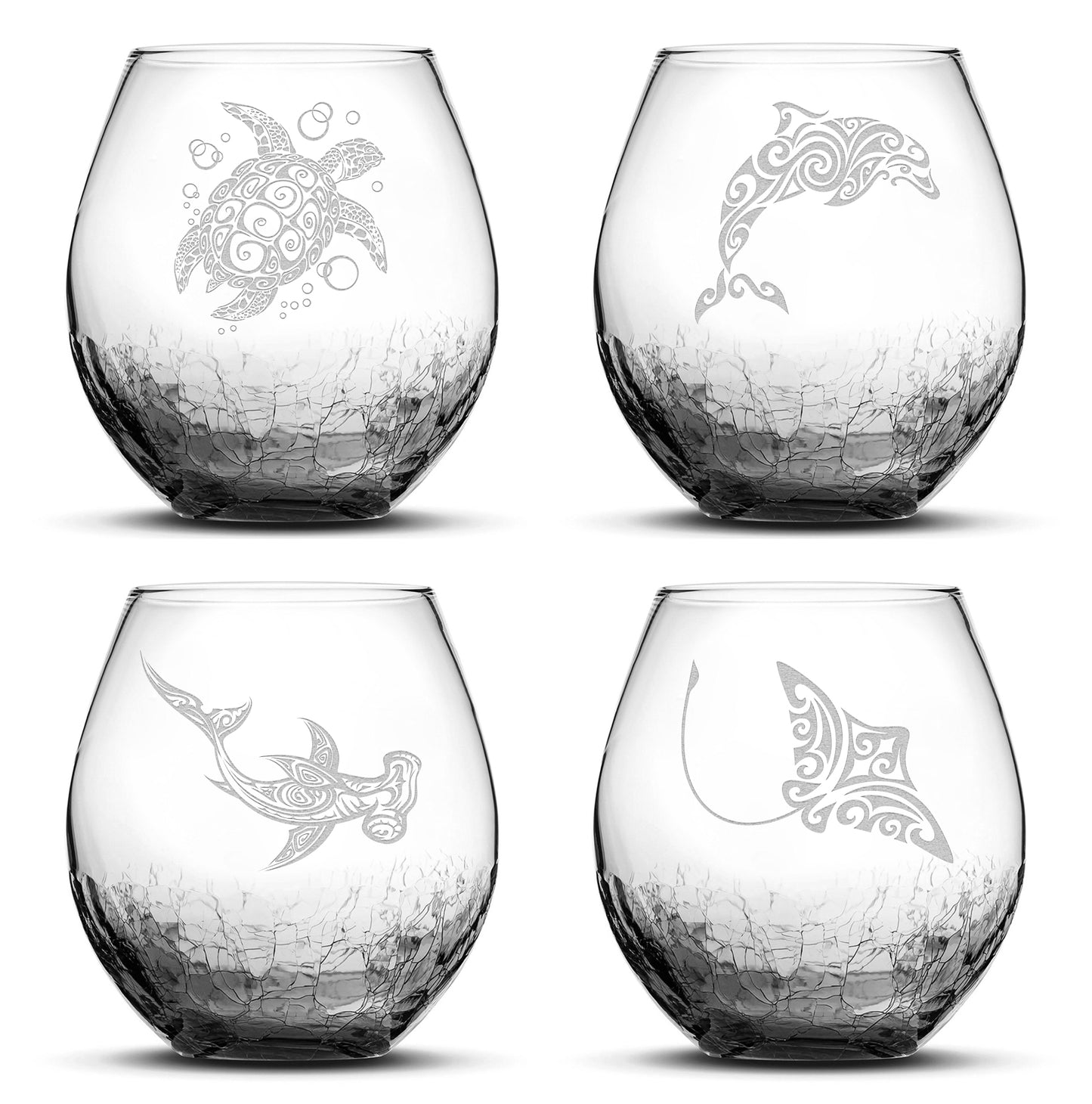 Crackle Wine Glasses with Tribal Sea Animals, Set of 4, One of Each