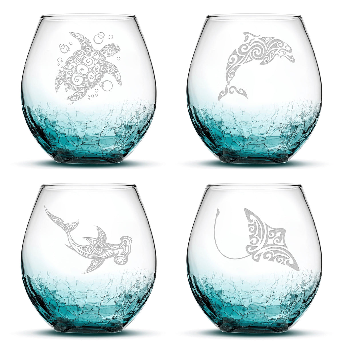Crackle Wine Glasses with Tribal Sea Animals, Set of 4, One of Each