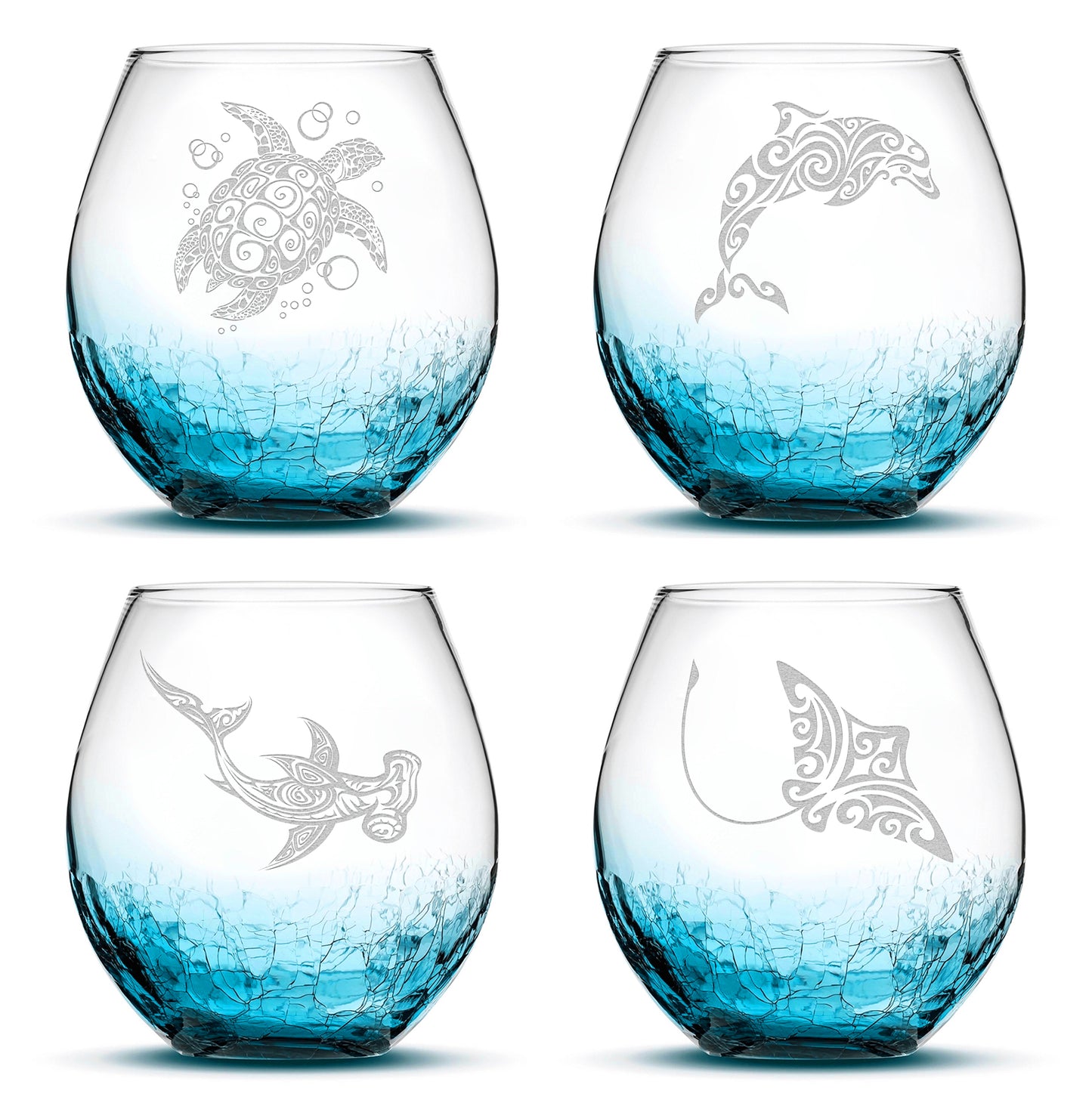 Crackle Wine Glasses with Tribal Sea Animals, Set of 4, One of Each