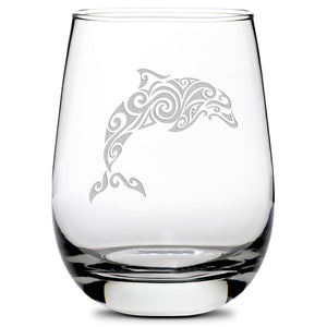Premium Wine Glasses, Tribal Turtle, Dolphin, Shark, and Stingray (Set of 4), Laser Etched or Hand Etched