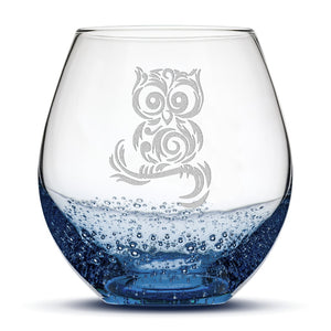 Bubble Wine Glass, Tribal Owl Design, Laser Etched or Hand Etched, 18oz