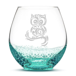 Bubble Wine Glass, Tribal Owl Design, Laser Etched or Hand Etched, 18oz