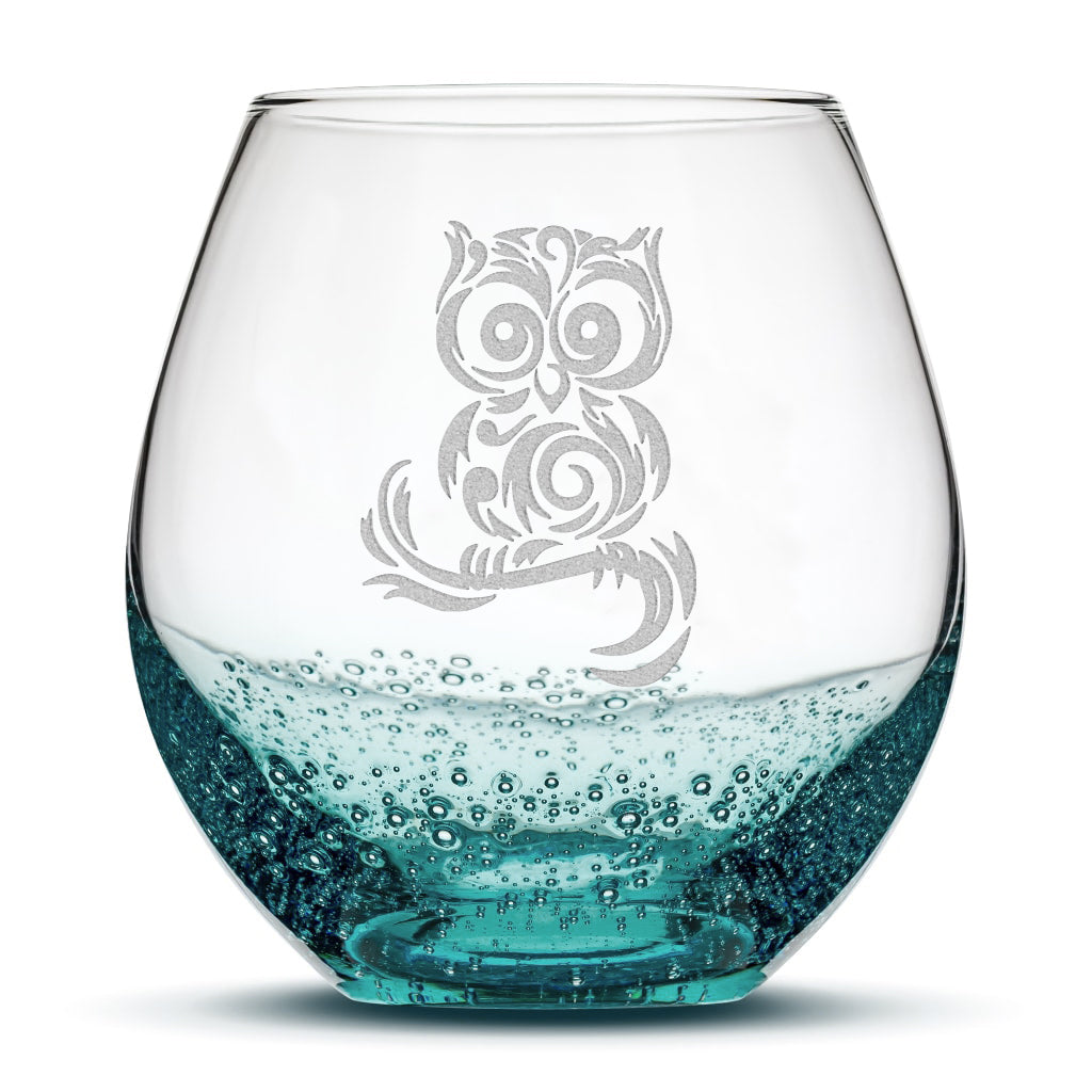 Bubble Wine Glass, Tribal Owl Design, Laser Etched or Hand Etched, 18oz