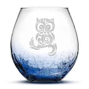 Crackle Wine Glass, Tribal Owl Design, Laser Etched or Hand Etched, 18oz