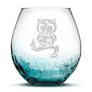 Crackle Wine Glass, Tribal Owl Design, Hand Etched, 18oz