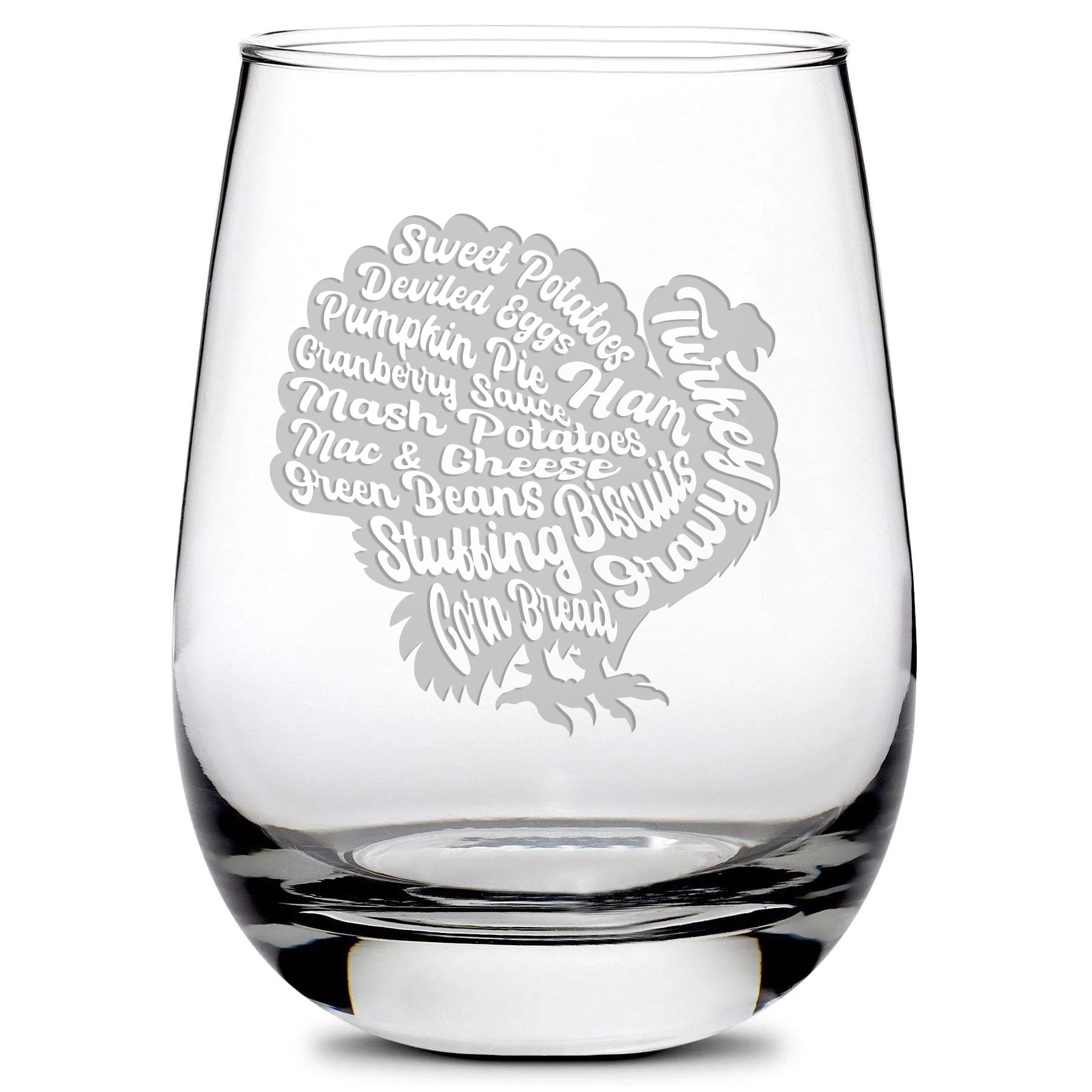 Premium Stemless Wine Glass, Turkey Season, Hand Etched, Made in USA, 16oz